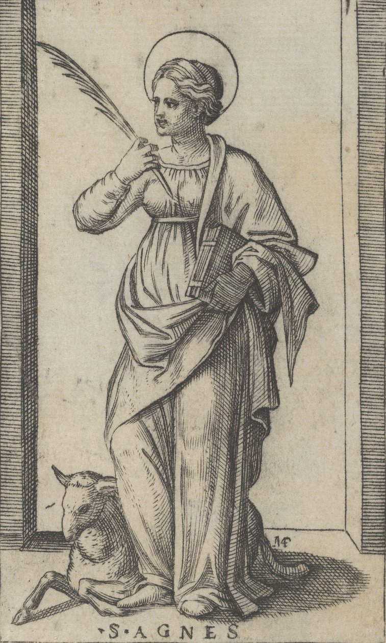 Sint Agnes met een palm in haar rechterhand, een schaap linksonder, ca. 1500-1527 door Marcantonio Raimondi