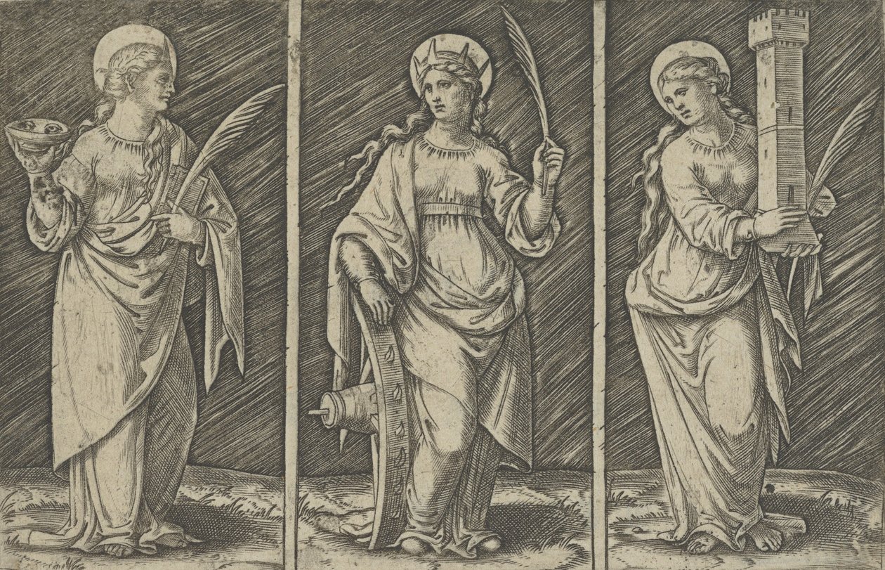 Heilige Barbara links, Heilige Catharina, midden, Heilige Lucia rechts door Marcantonio Raimondi