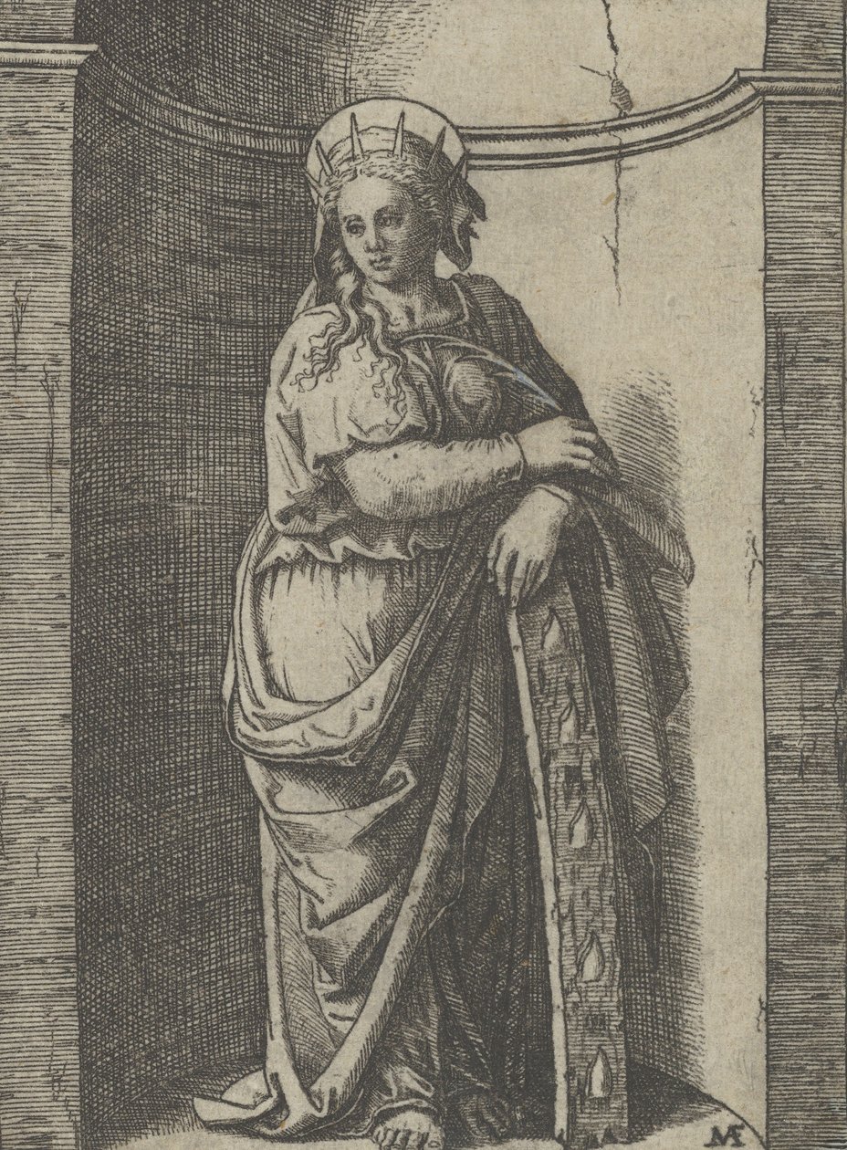 Sint-Catharina staand in een nis, leunend op een wiel, haar martelwerktuig door Marcantonio Raimondi