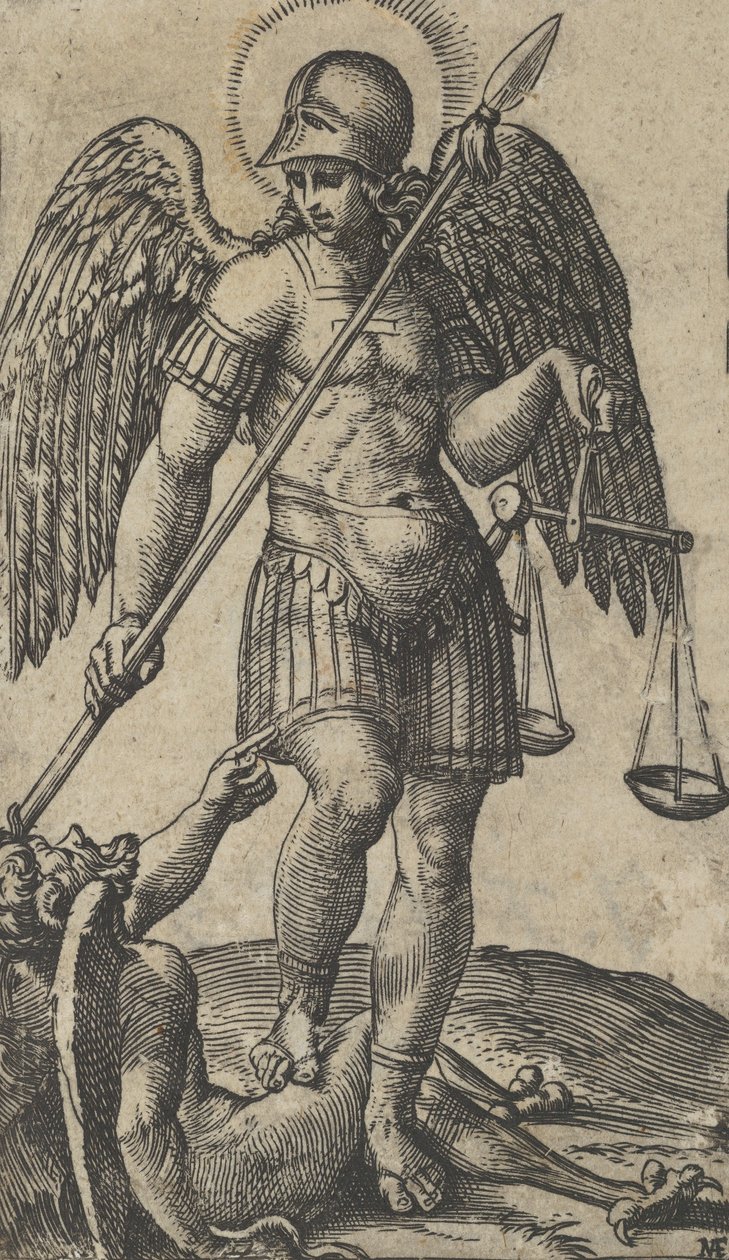 Sint Michaël met weegschaal en lans, een demon onder hem, uit de serie 