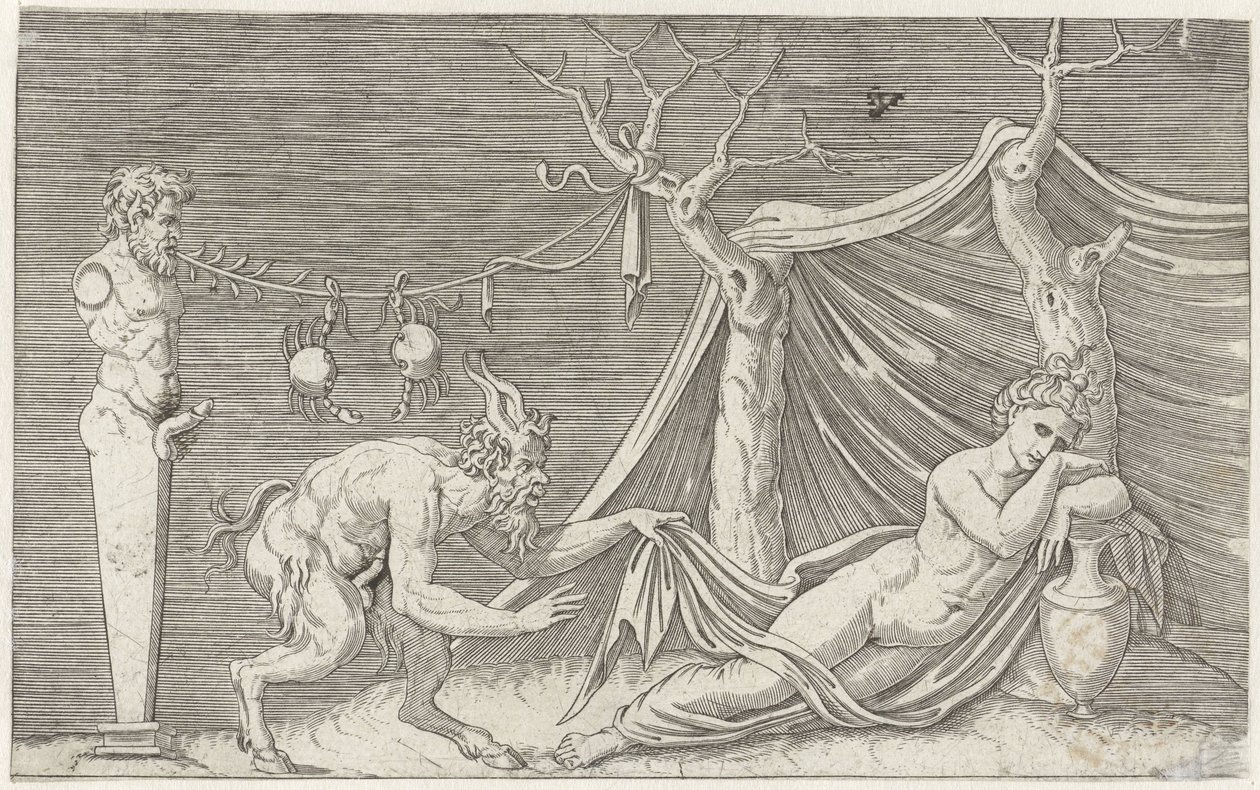 Satyr besluipt een slapende nimf door Marcantonio Raimondi