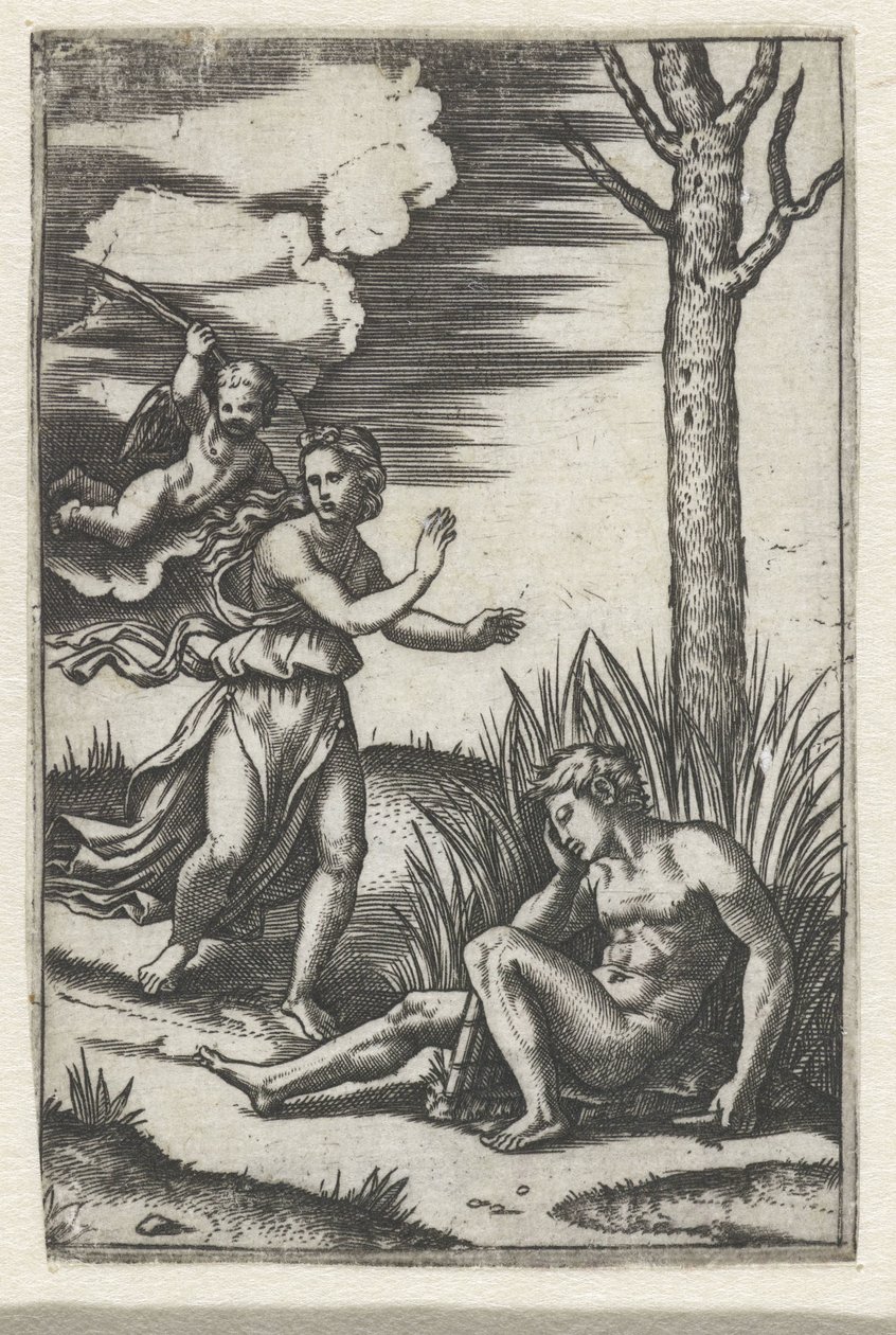 Slapende man en nimf achtervolgd door Amor door Marcantonio Raimondi