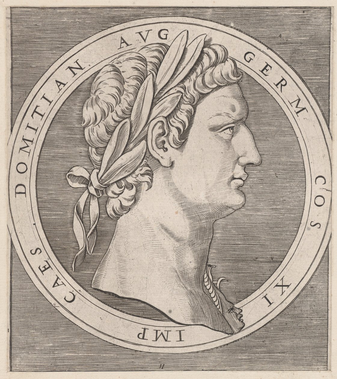 Speculum Romanae Magnificentiae: Domitianus, uit De Twaalf Caesars, ca. 1500-1534 door Marcantonio Raimondi