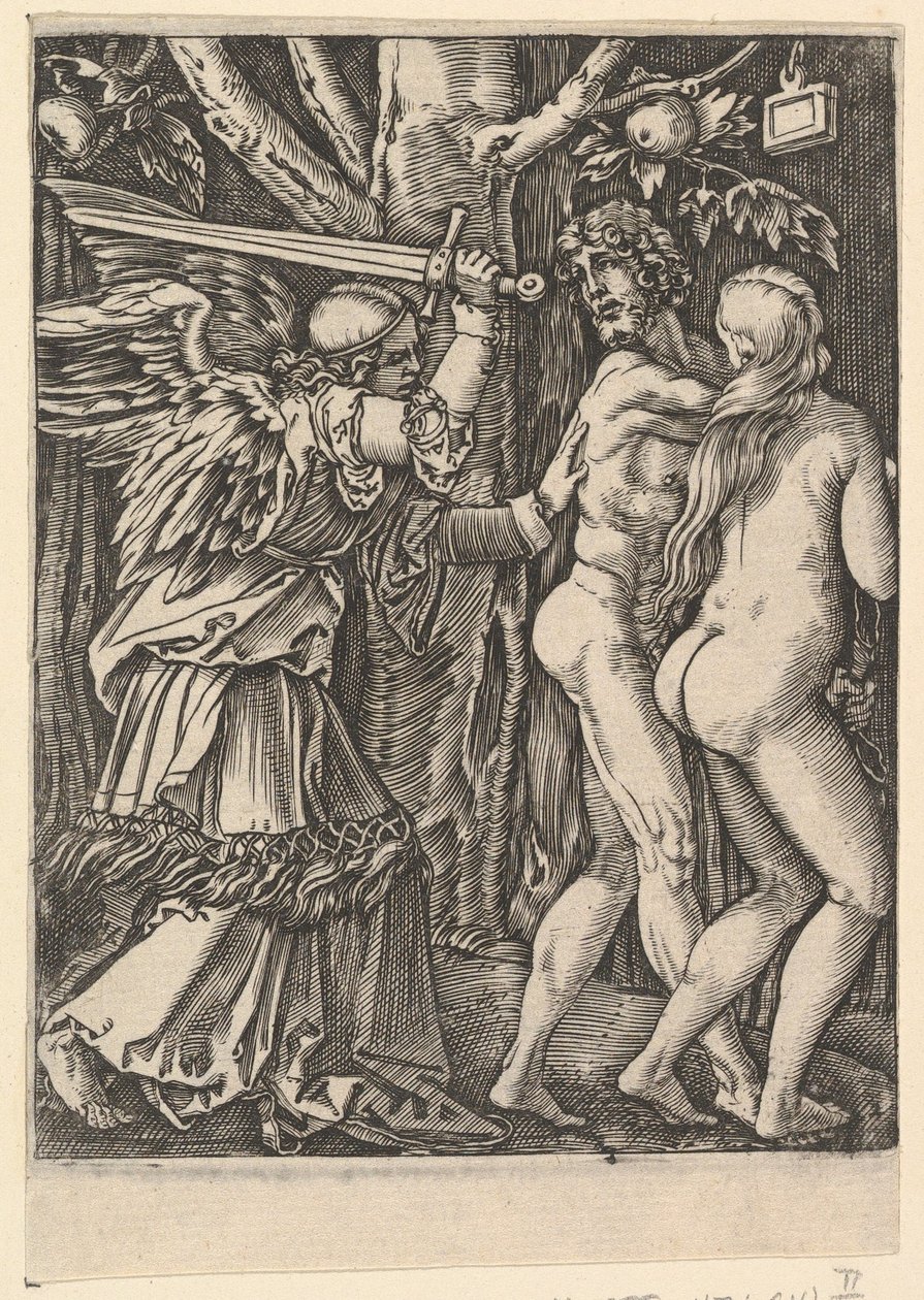 De verdrijving uit het paradijs, naar Dürer, ca. 1500-1534 door Marcantonio Raimondi