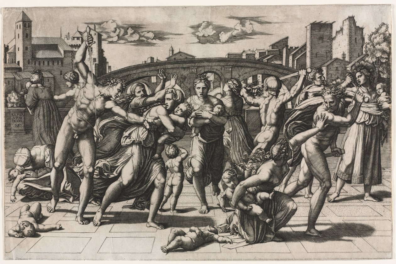 De Slachting van de Onschuldigen (Zonder de Spar) door Marcantonio Raimondi