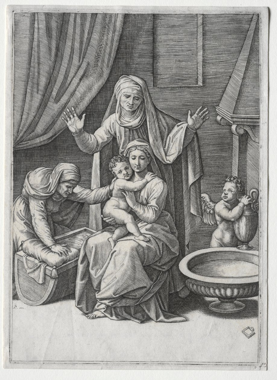 De Maagd en de wieg met Sint Elisabeth en Sint Anna, 1520 door Marcantonio Raimondi