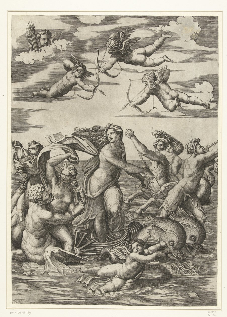 Triomf van Galatea met tritons en nereïden en putti door Marcantonio Raimondi