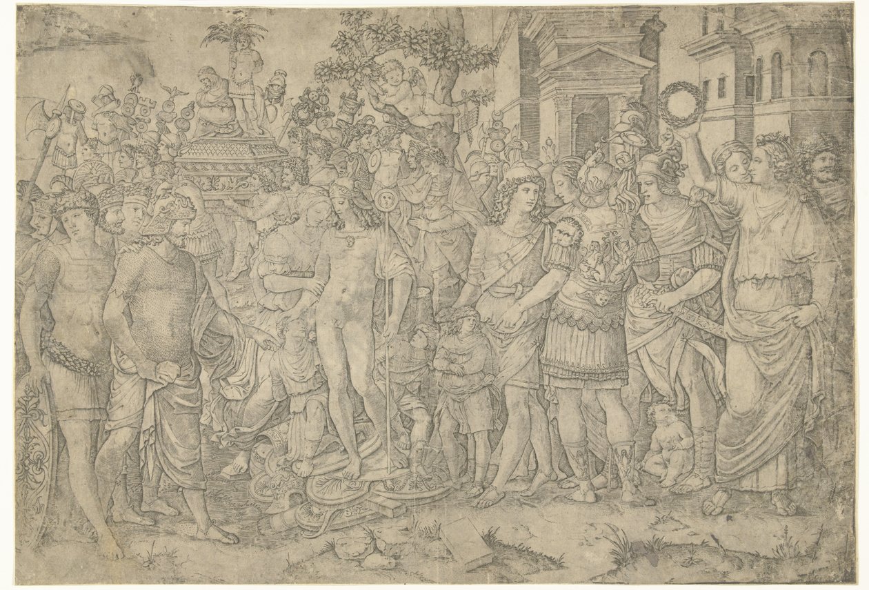 Triomftocht van Romeinse keizer met soldaten en buitgemaakte wapenrustingen door Marcantonio Raimondi