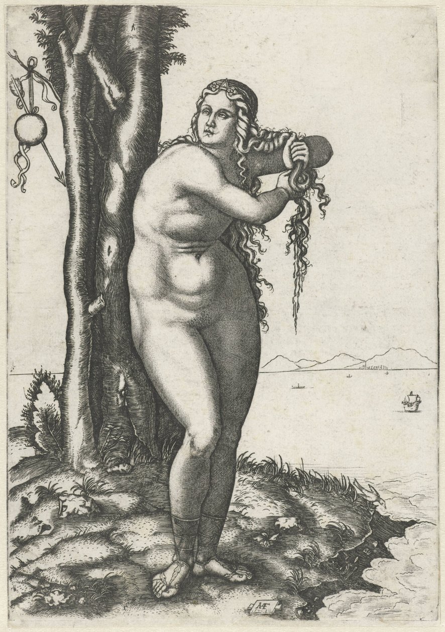 Venus staat op waterkant en wringt water uit haar haar door Marcantonio Raimondi