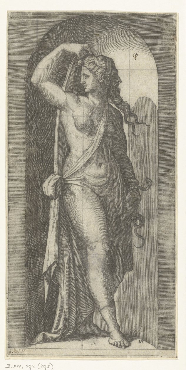 Vrouw als personificatie van Voorzichtigheid (Prudentia) met slang en masker door Marcantonio Raimondi