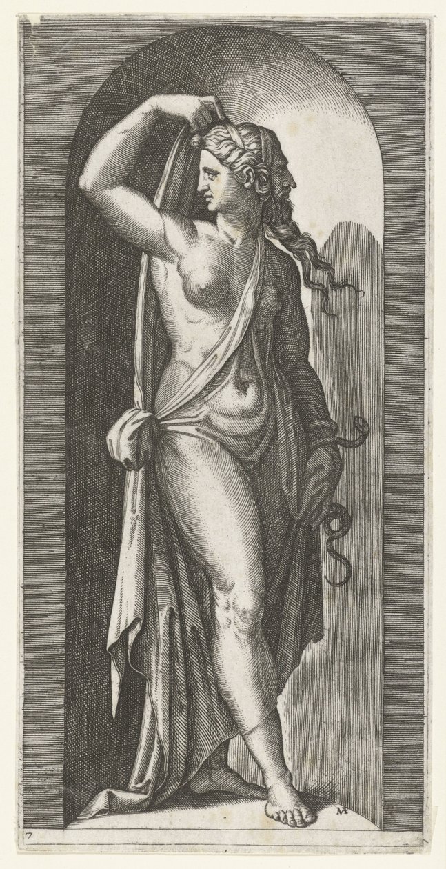 Vrouw als personificatie van Voorzichtigheid (Prudentia) met slang en masker, Zeven Deugden (serietitel) door Marcantonio Raimondi