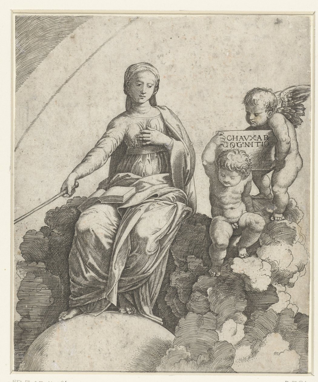 Vrouw met boek en scepter als personificatie van Filosofie zittend op wolken en voeten rustend op globe met naast haar twee putti door Marcantonio Raimondi