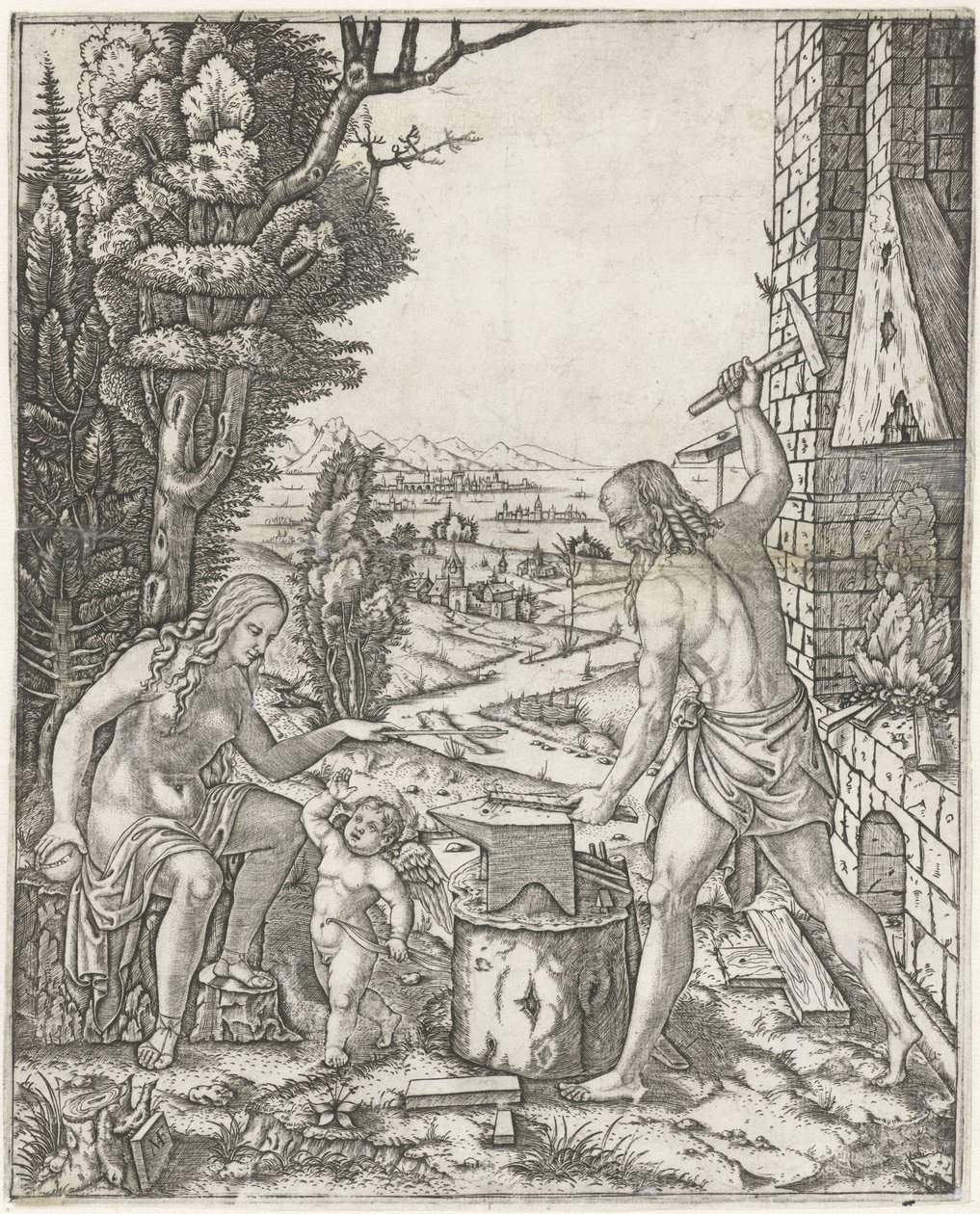 Vulcanus smeedt pijlen en vleugels voor Amor in aanwezigheid van Venus door Marcantonio Raimondi