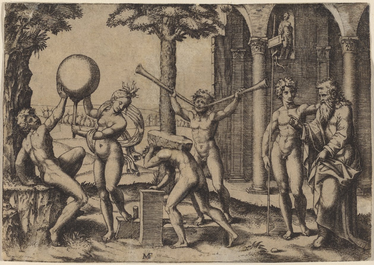 De Man met Twee Trompetten door Marcantonio Raimondi after Baccio Bandinelli