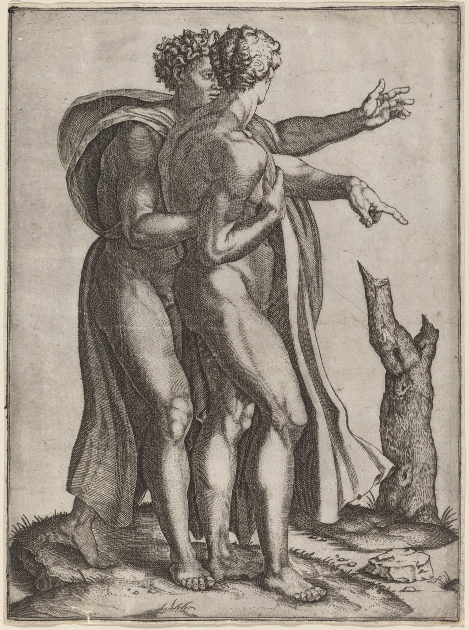 Twee Naakte Mannen door Marcantonio Raimondi after Michelangelo