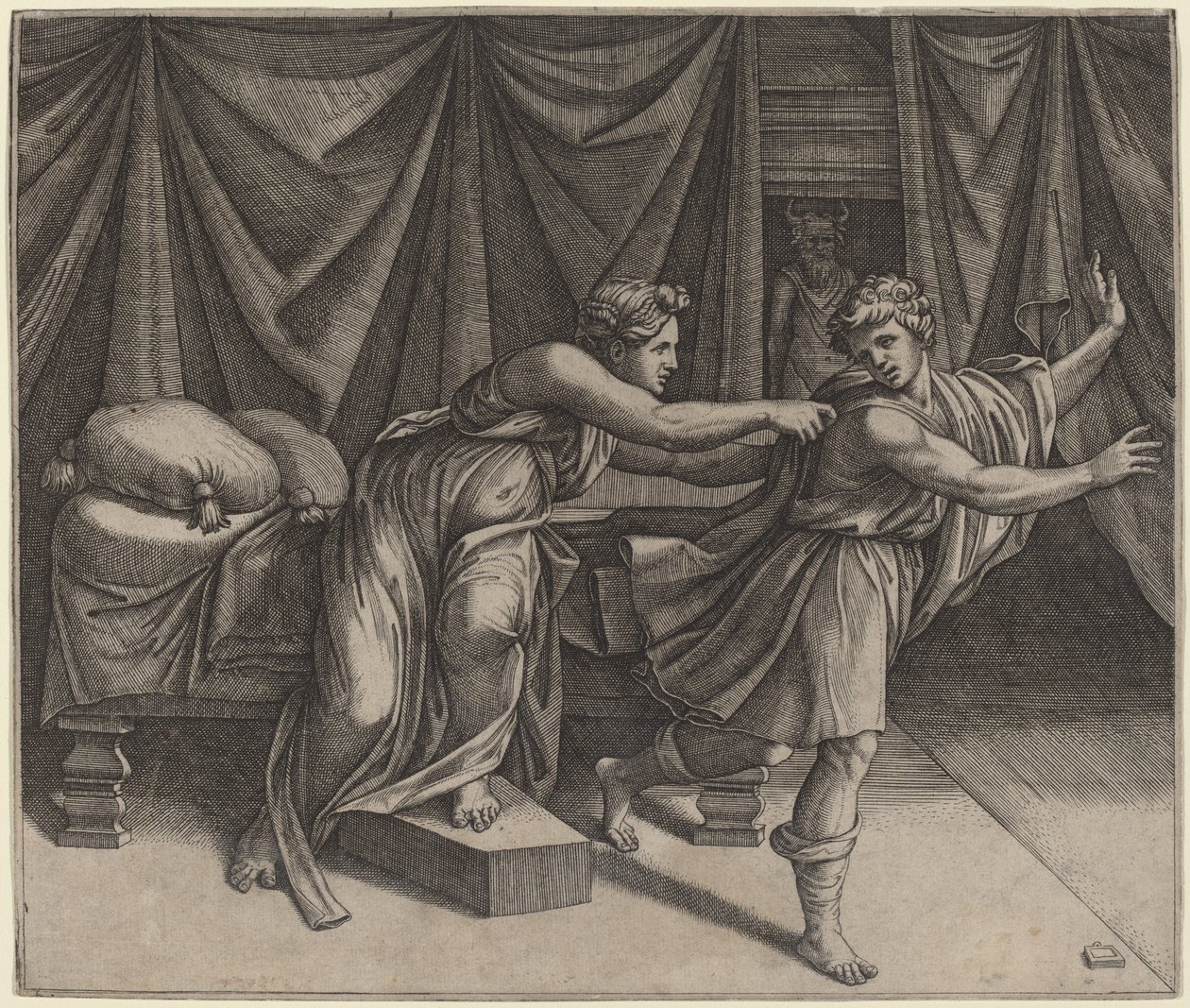 Jozef en de Vrouw van Potifar door Marcantonio Raimondi after Raphael