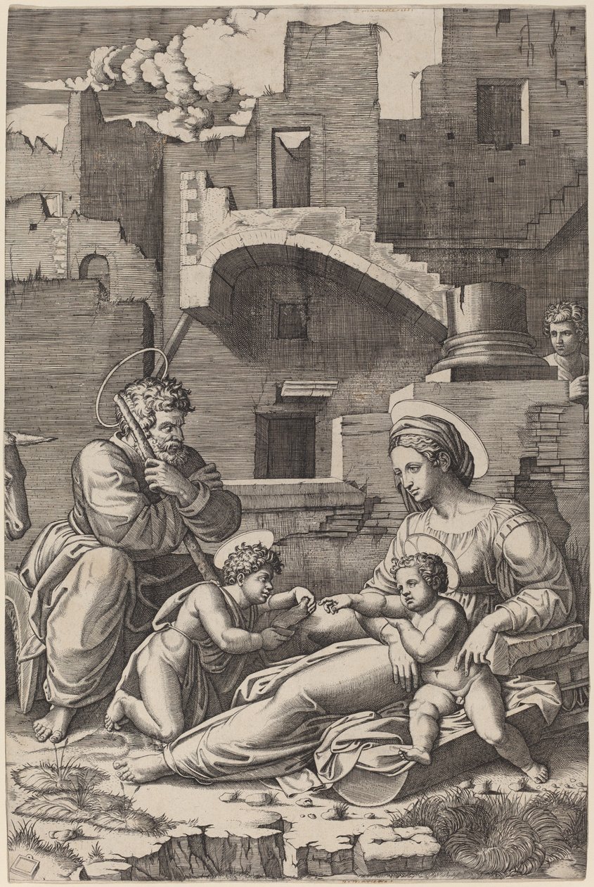 De Heilige Familie met de Jonge Johannes de Doper door Marcantonio Raimondi after Raphael