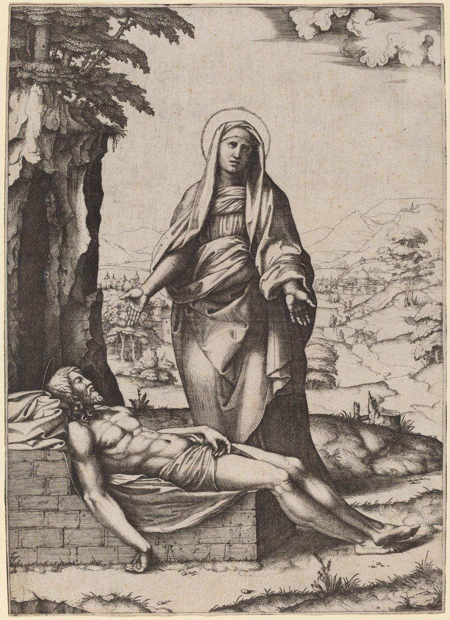 De rouw van de Maagd door Marcantonio Raimondi after Raphael