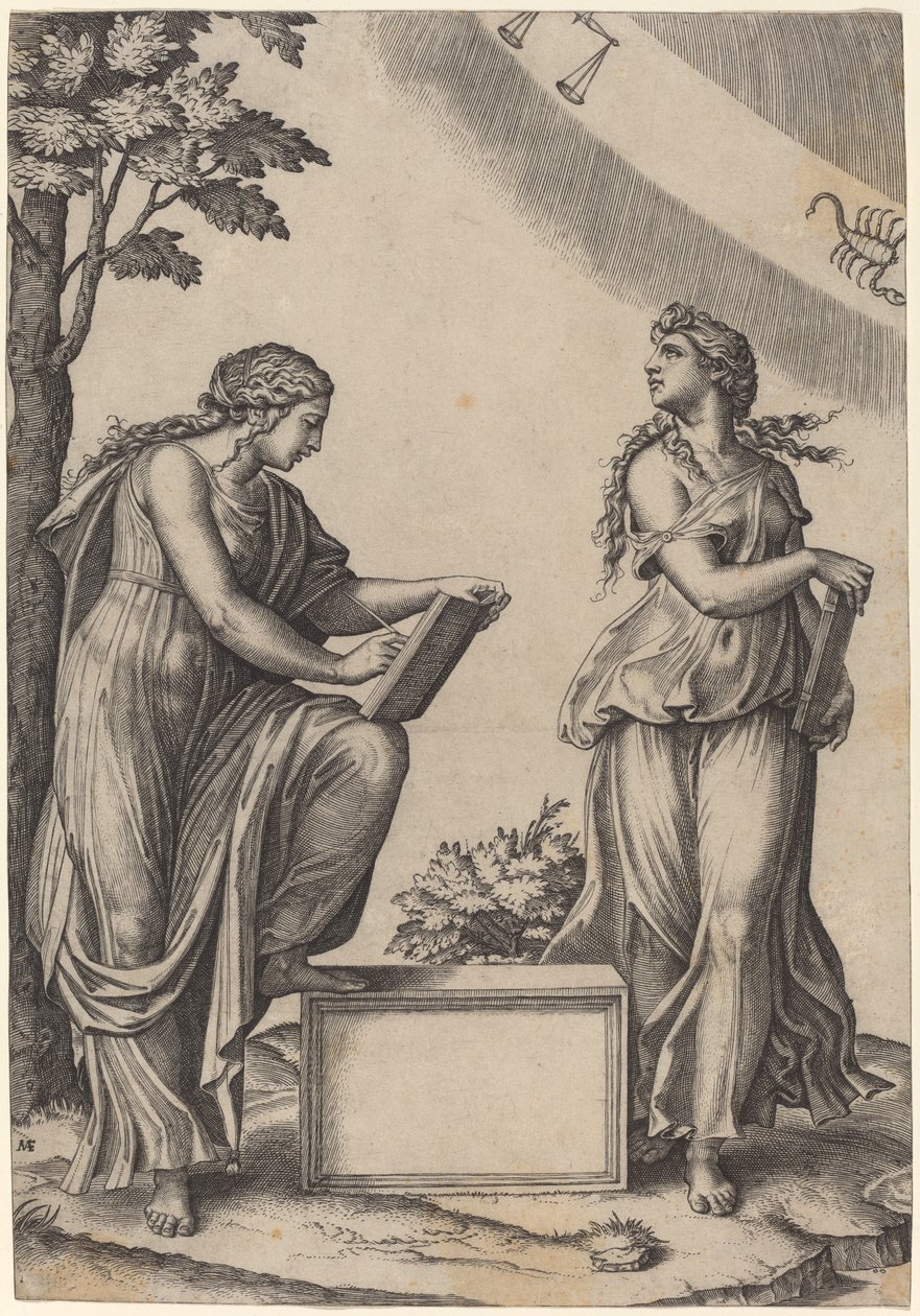Twee Vrouwen met de Dierenriem door Marcantonio Raimondi after Raphael