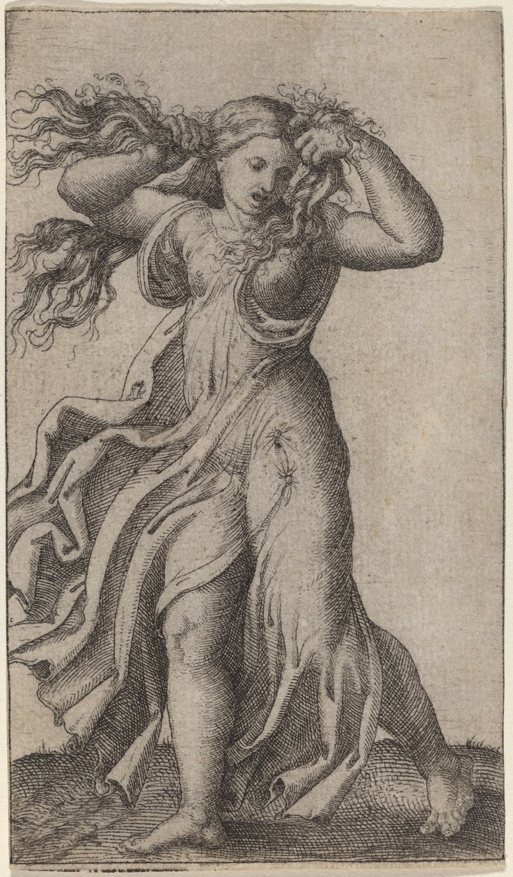 Vrouw die Haar Haar Trekt door Marcantonio Raimondi possibly after Francesco Francia