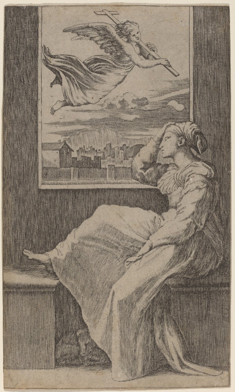 Peinzende Vrouw door Marcantonio Raimondi possibly after Raphael