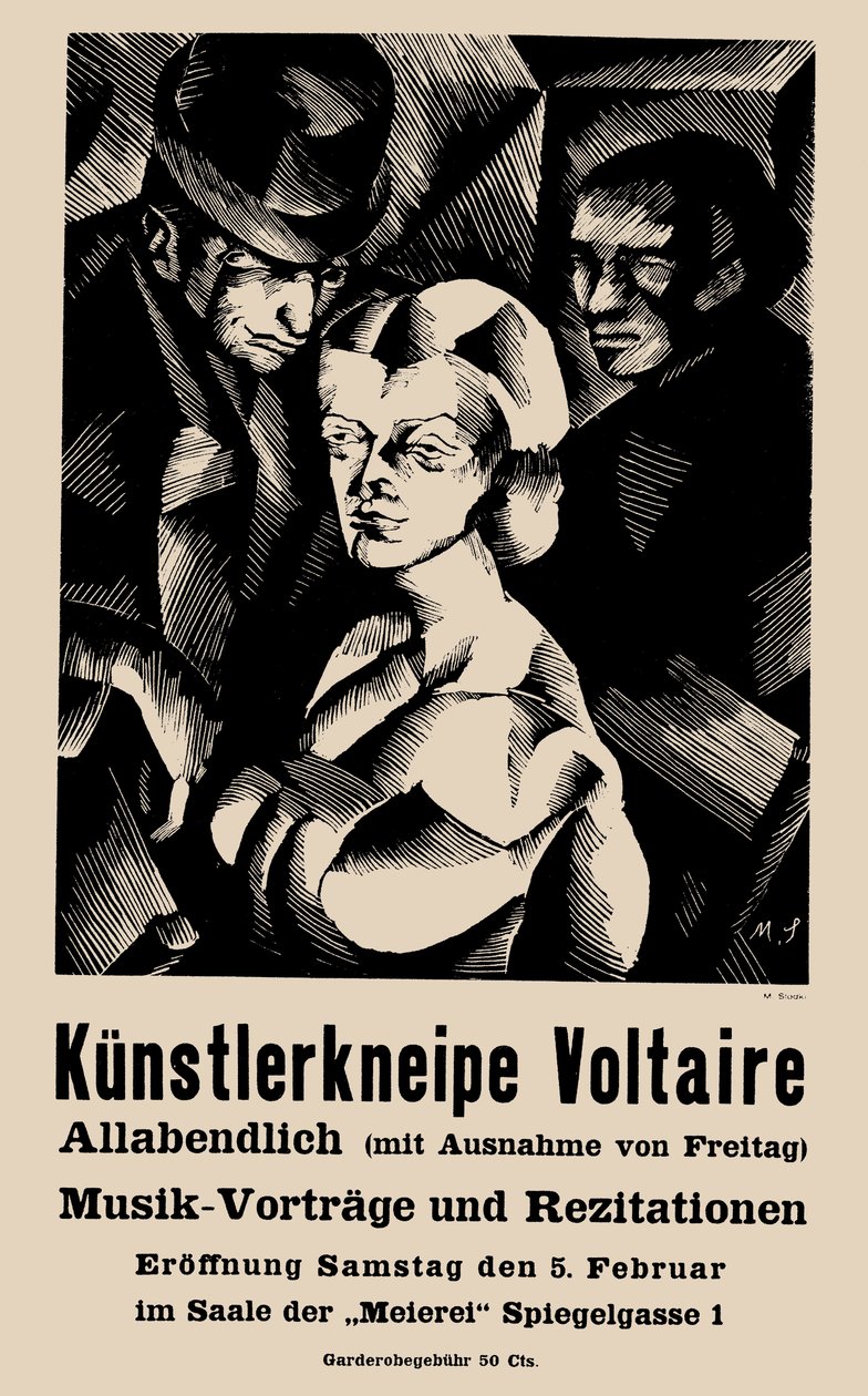 Poster voor de opening van het Cabaret Voltaire op 1916-02-05 door Marcel Slodki