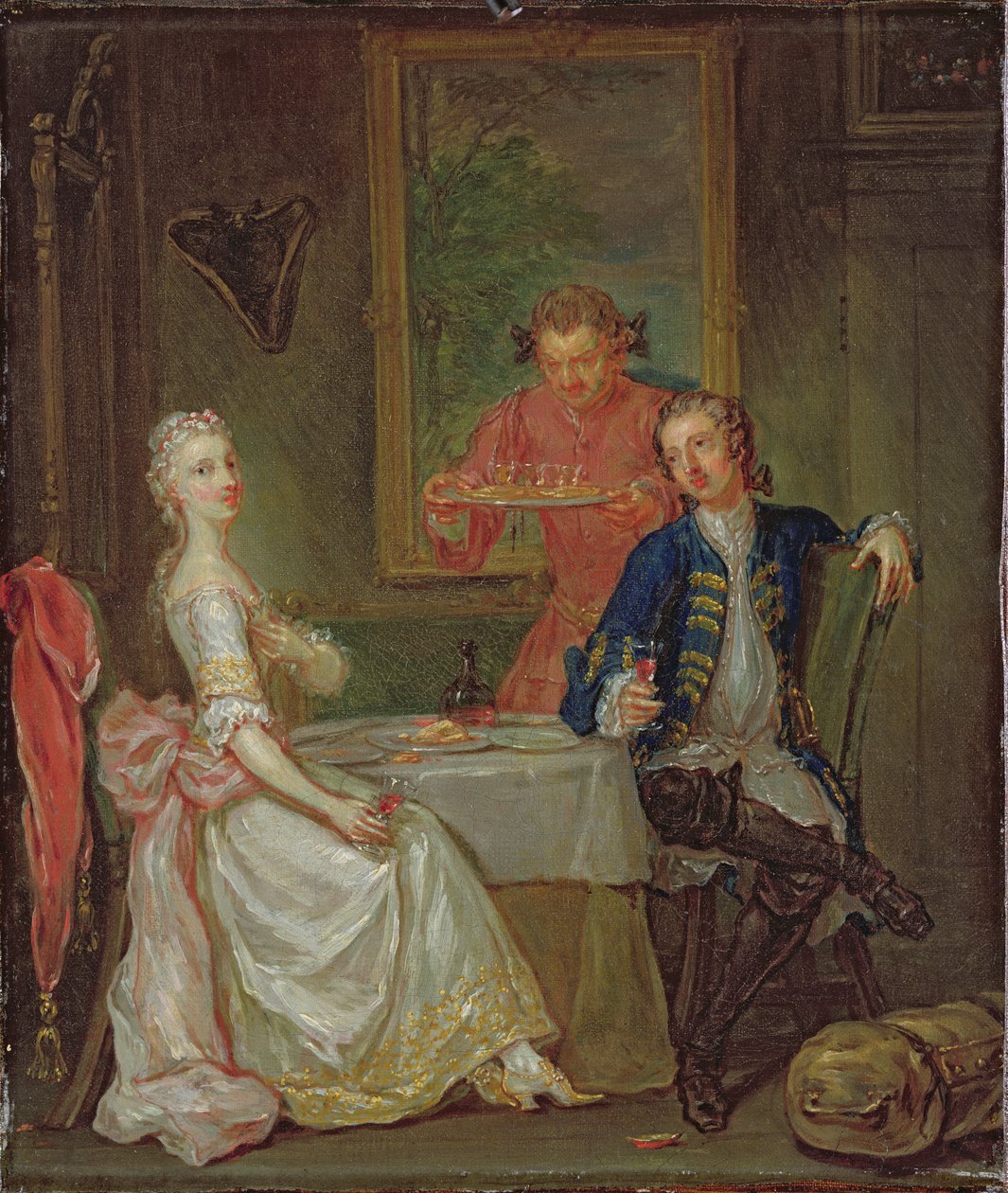 Een diner gesprek (Een man en vrouw drinken bij het avondeten) door Marcellus the Younger Laroon