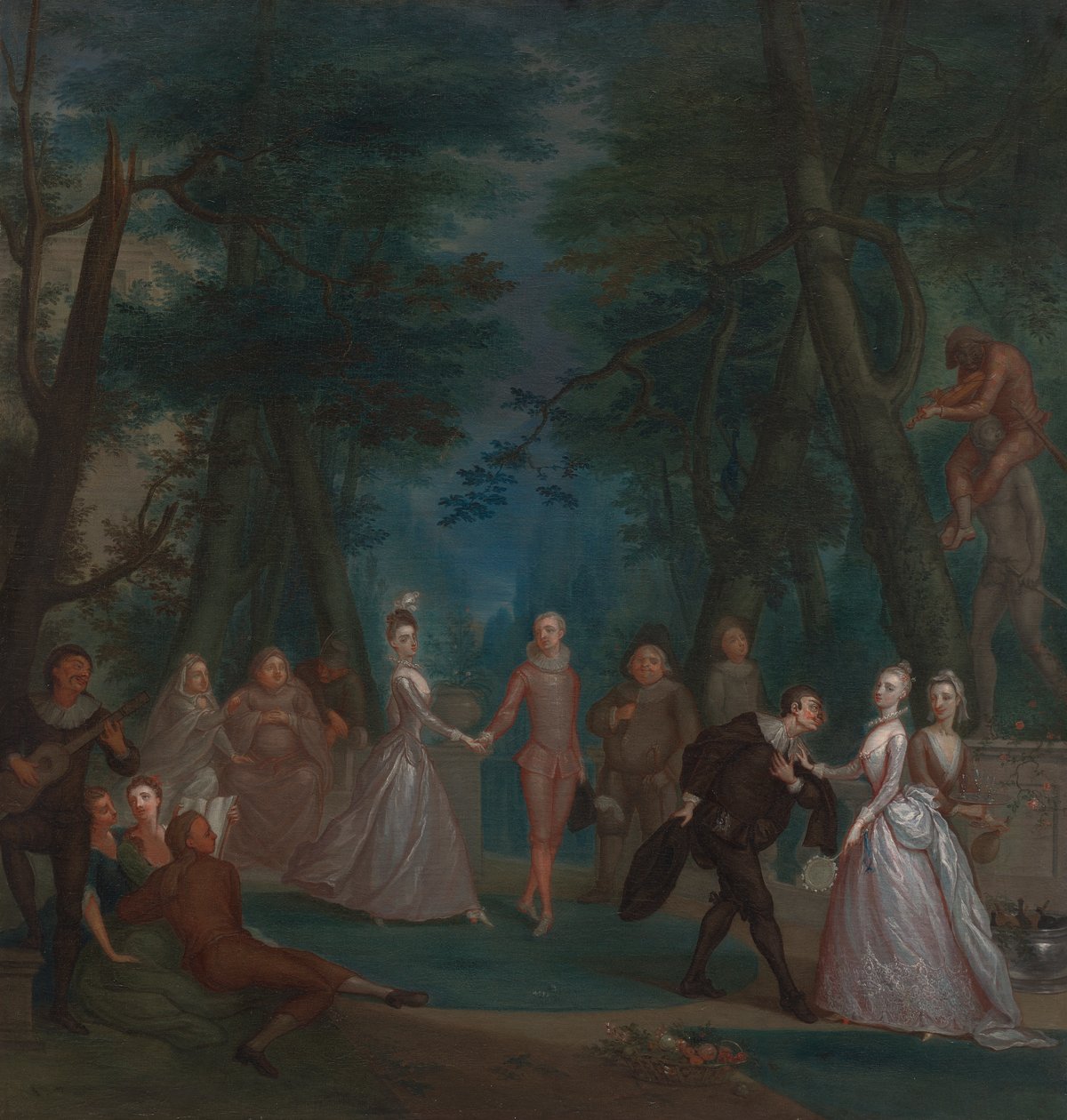 Scène in een park, met figuren uit de Commedia dell