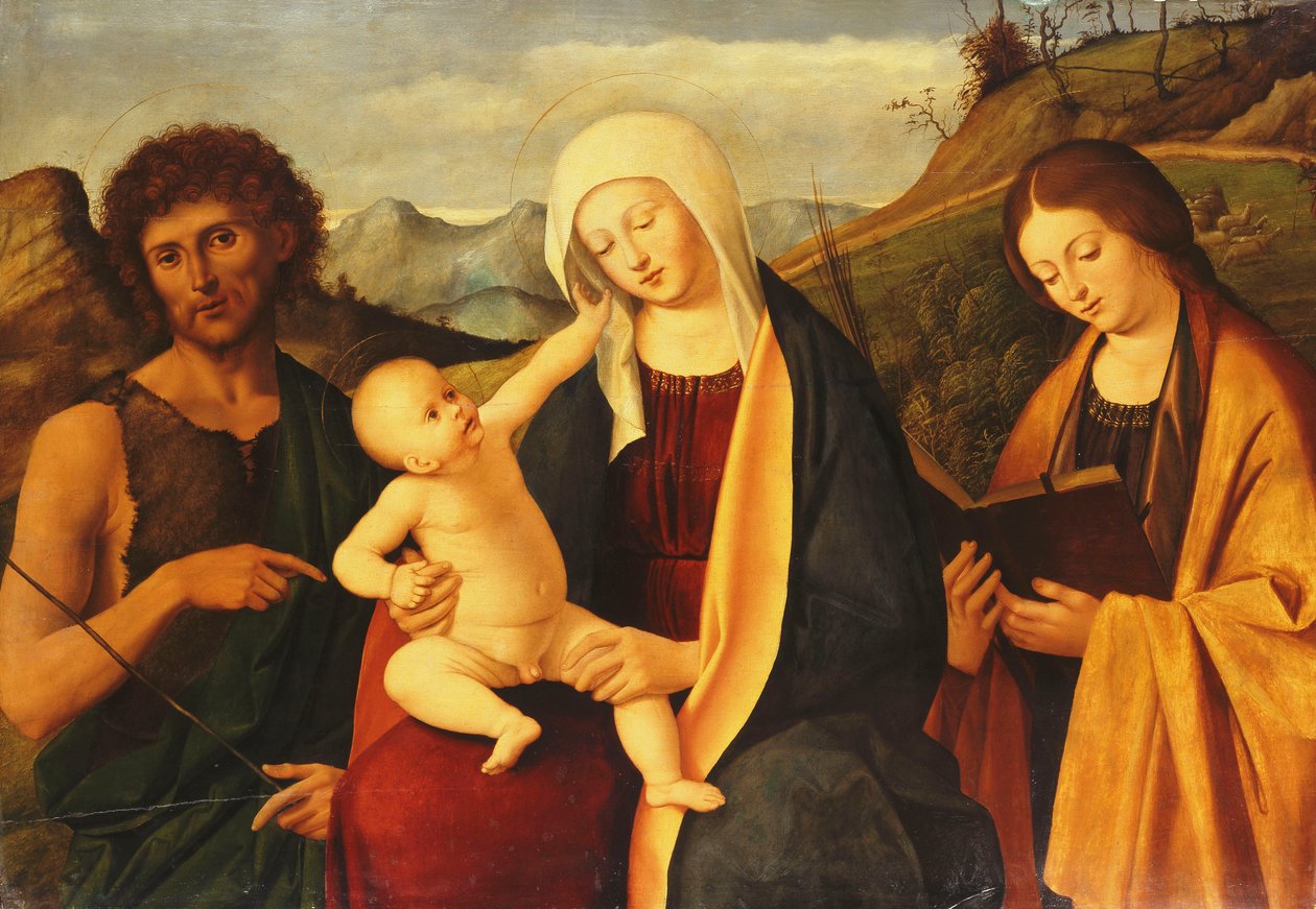 De Madonna en Kind, met Sint Jan de Doper en een vrouwelijke heilige door Marco Basaiti