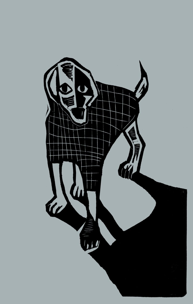 Hond, 2023 (linoleum op papier) door Marco Campedelli