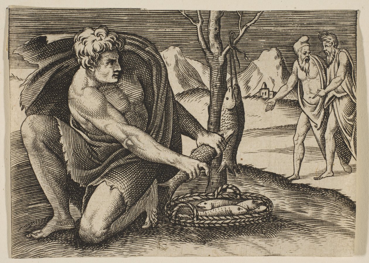 Een man knielt naast een mand met vis en pakt er een met beide handen, twee mannen bij..., ca. 1515-27 door Marco Dente