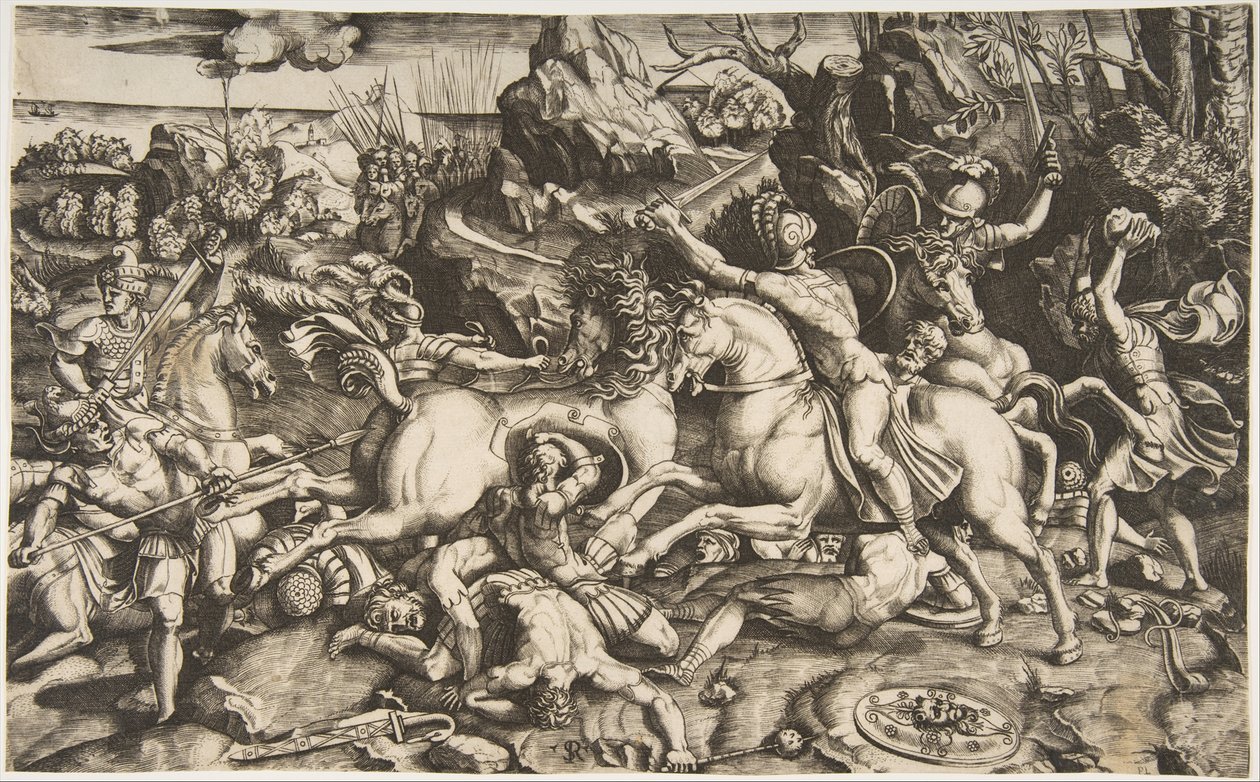 Slagveld in een landschap met soldaten te paard en verschillende gevallen mannen, ca. 1520 door Marco Dente