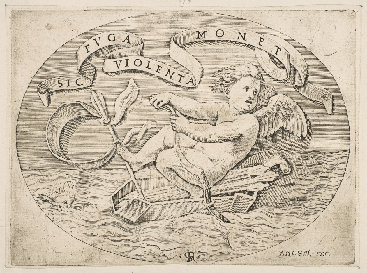 Eros ontsnapt over zee, Cupido gebruikt zijn boog om een boot voort te stuwen gemaakt van zijn koker, ca. 1515-27 door Marco Dente