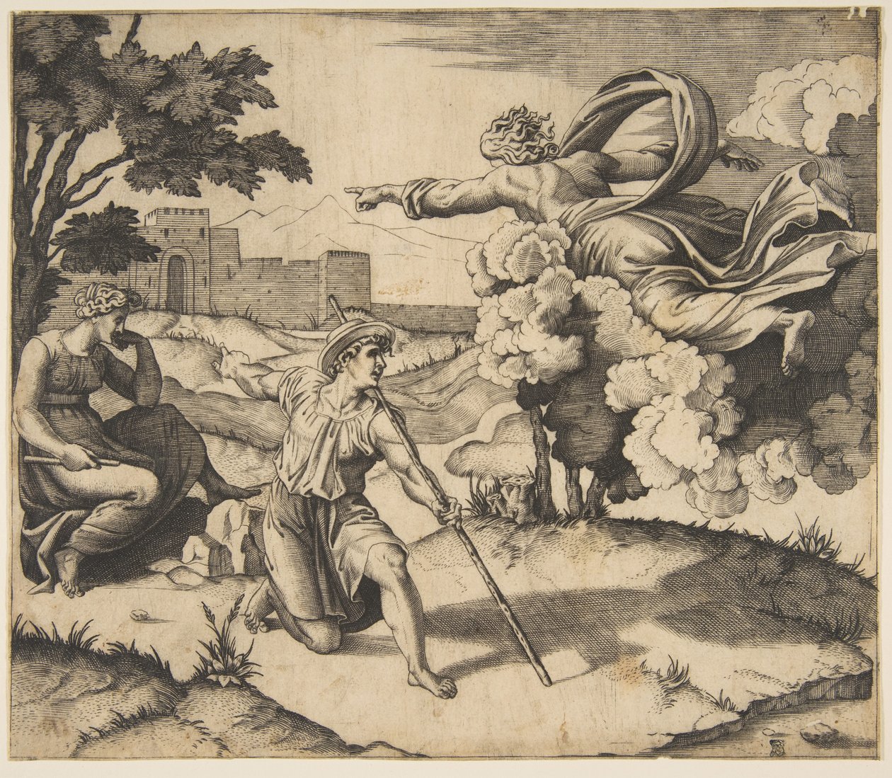 God verschijnt aan Isaak, God zwevend in wolken wijzend naar Rebecca zittend onder... door Marco Dente