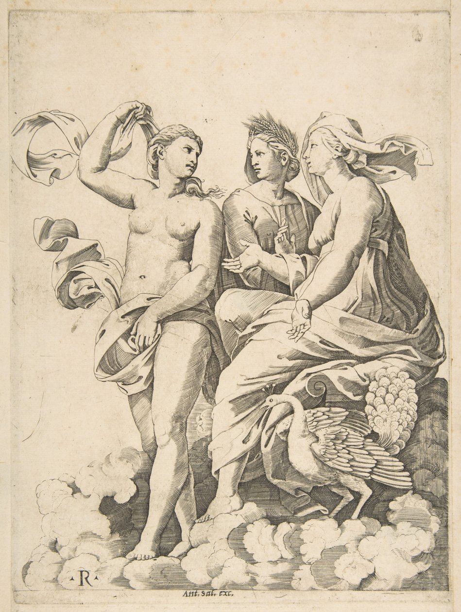 Juno, Ceres en Psyche in de wolken in gesprek, Juno zittend met een pauw bij haar..., ca. 1515-27 door Marco Dente