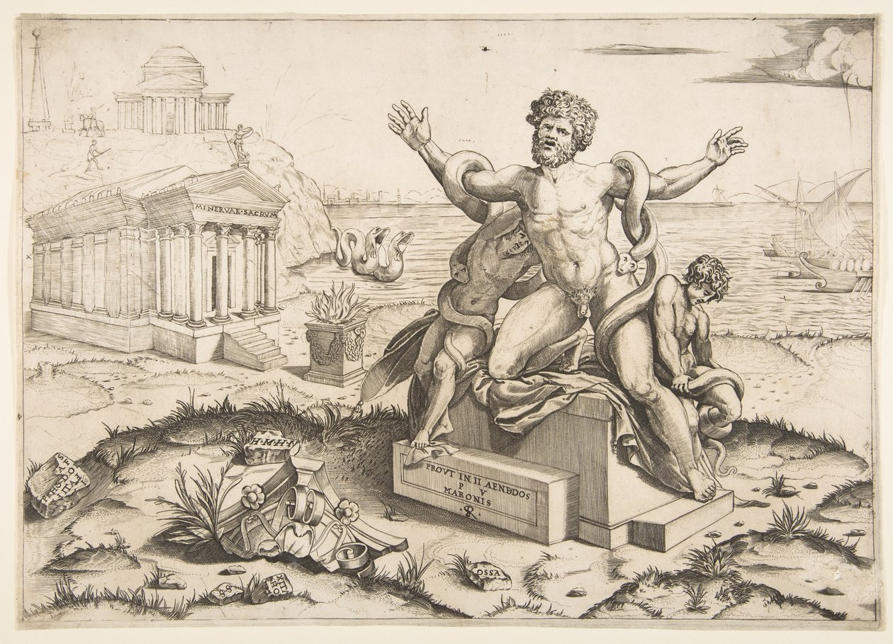 Laocoön en zijn twee zonen worden aangevallen door slangen op een voetstuk, een tempel voor Minerva, ca. 1515-27 door Marco Dente