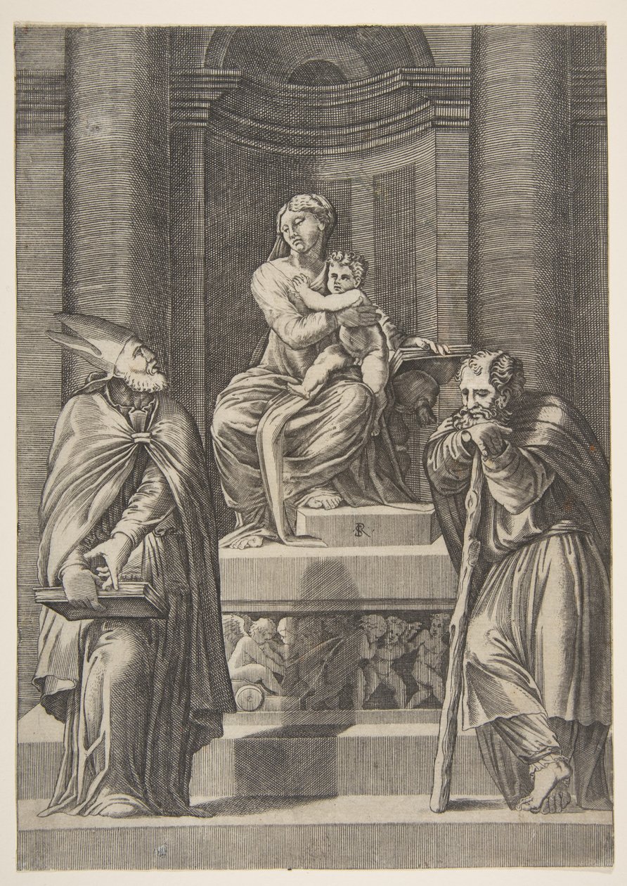 Sint Jozef links en een bisschop rechts voor het altaar van de Maagd..., ca. 1515-27 door Marco Dente