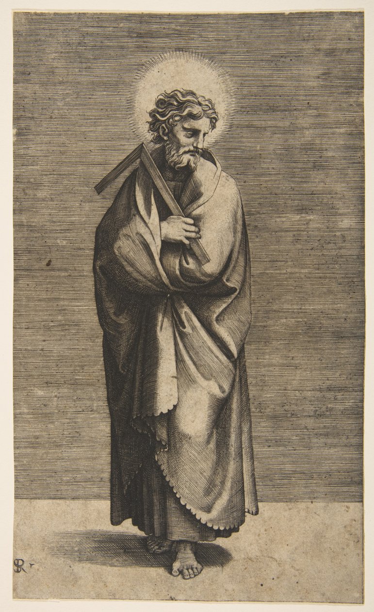 Sint Thomas met een winkelhaak, zijn hoofd naar rechts gedraaid, ca. 1515-27 door Marco Dente