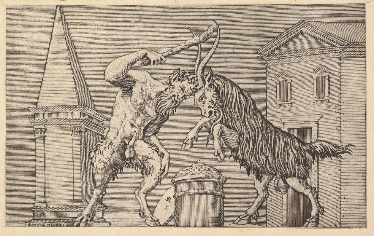 Speculum Romanae Magnificentiae: Een Satyr en een Ram die botsen, 16e eeuw door Marco Dente