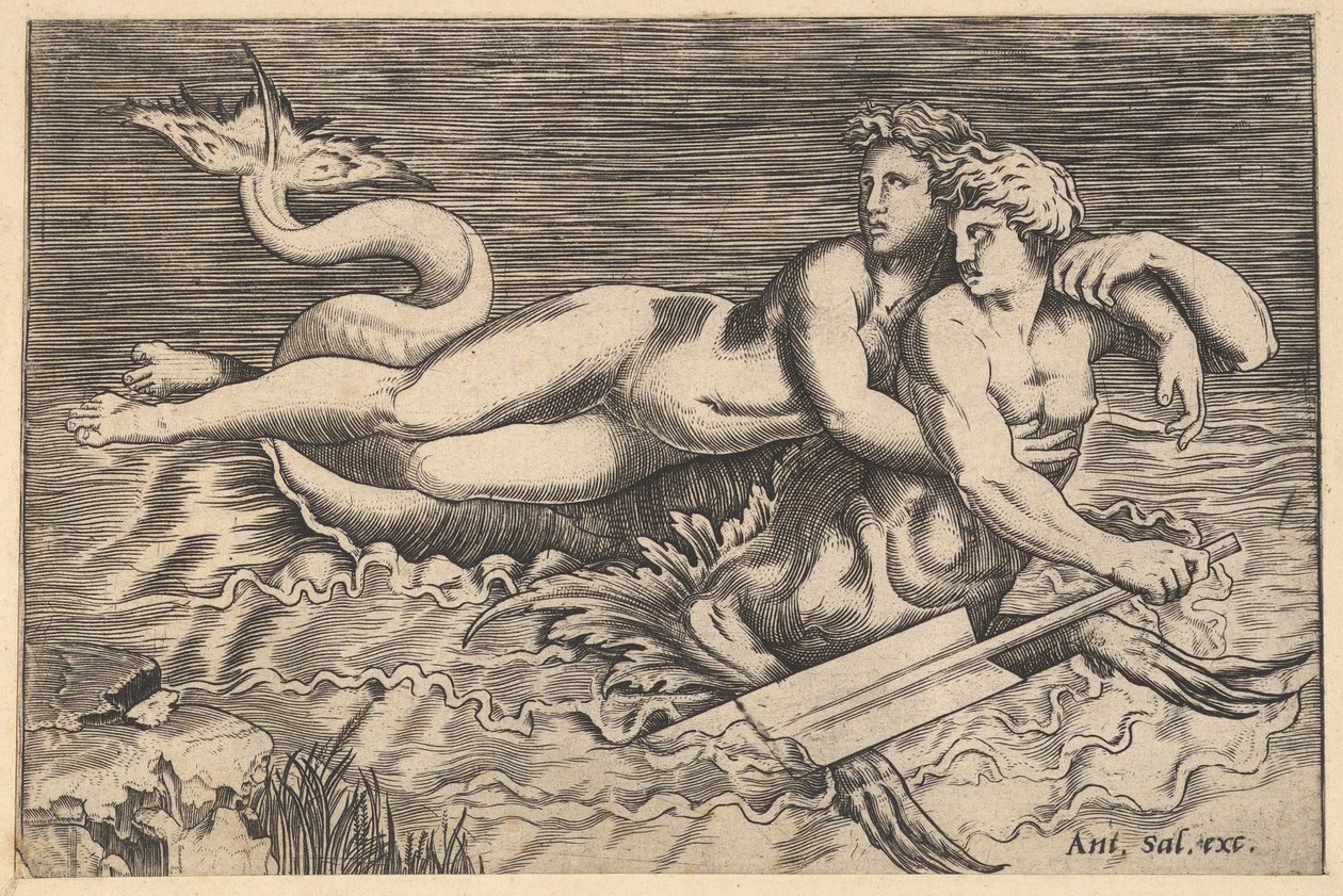 Speculum Romanae Magnificentiae: Een Triton die een nimf ontvoert door Marco Dente