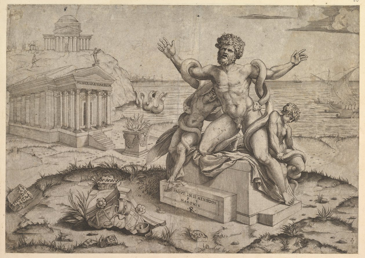 Speculum Romanae Magnificentiae: Oude bas-reliëfs met Laocoon door Marco Dente
