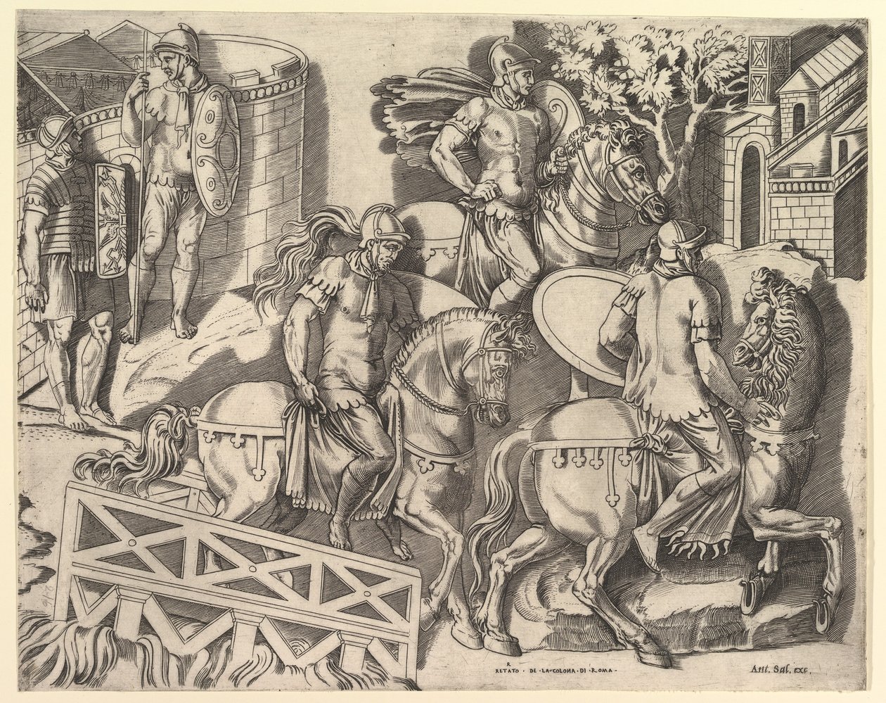 Speculum Romanae Magnificentiae: Romeinse Ruiters die een Brug Oversteken van Trajanus