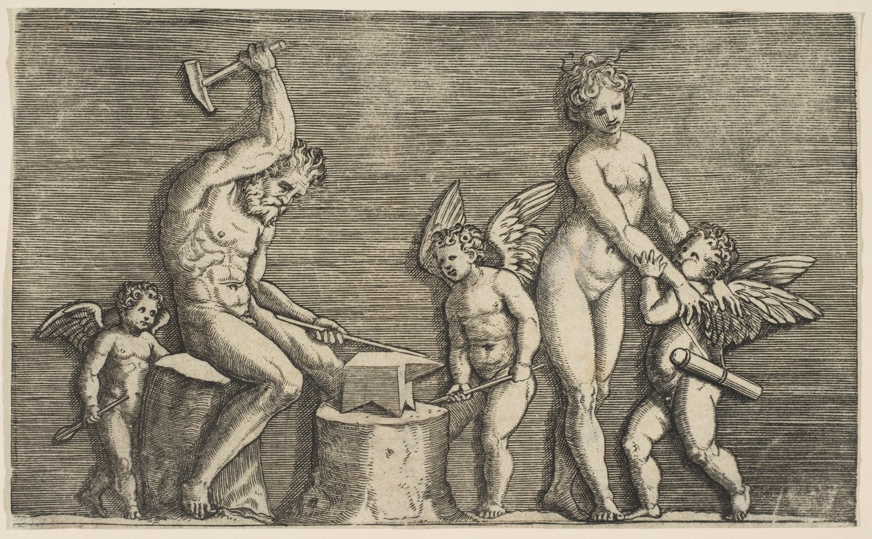 Vulcan zittend hameren op een aambeeld geflankeerd door Venus en drie cupido