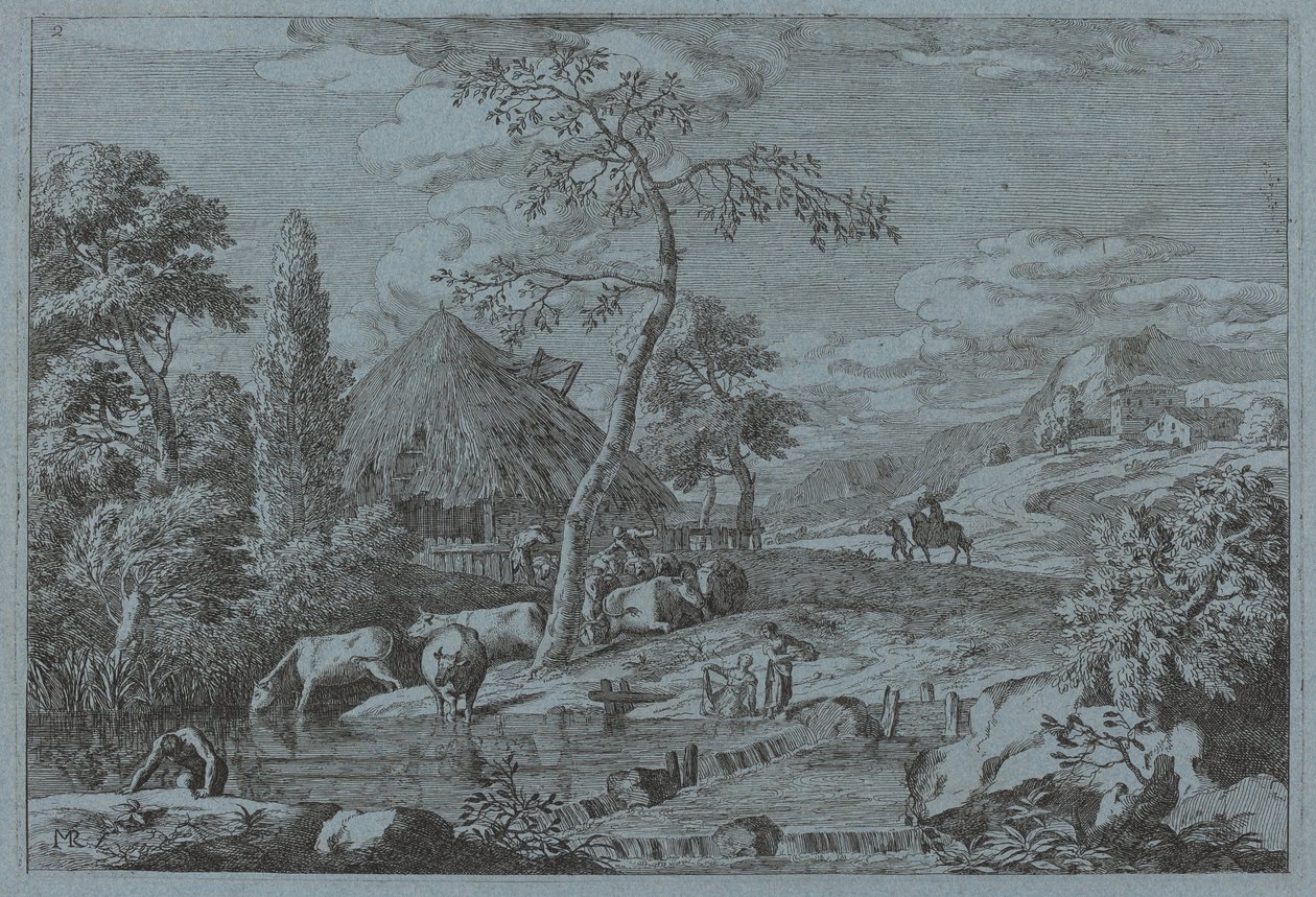 Vee en figuren bij een boerderijbeek door Marco Ricci