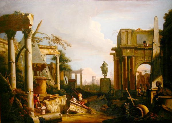 Landschap met klassieke ruïnes en figuren door Marco Ricci