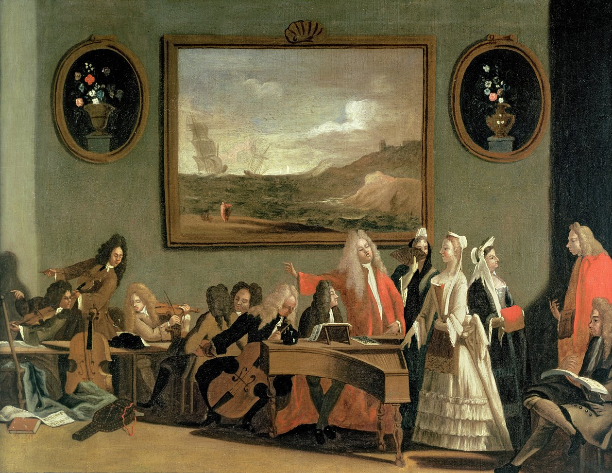 Repetitie van een opera, vermoedelijk Pyrrhus en Demetrius, gehouden in de oefenruimte van het Haymarket Theatre door Marco Ricci