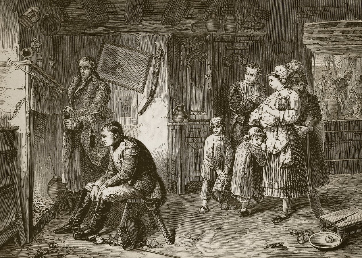 Napoleon zoekt rust in een huisje langs de weg na zijn nederlaag bij Waterloo, gegraveerd door J.D. Cooper door Marcus Stone
