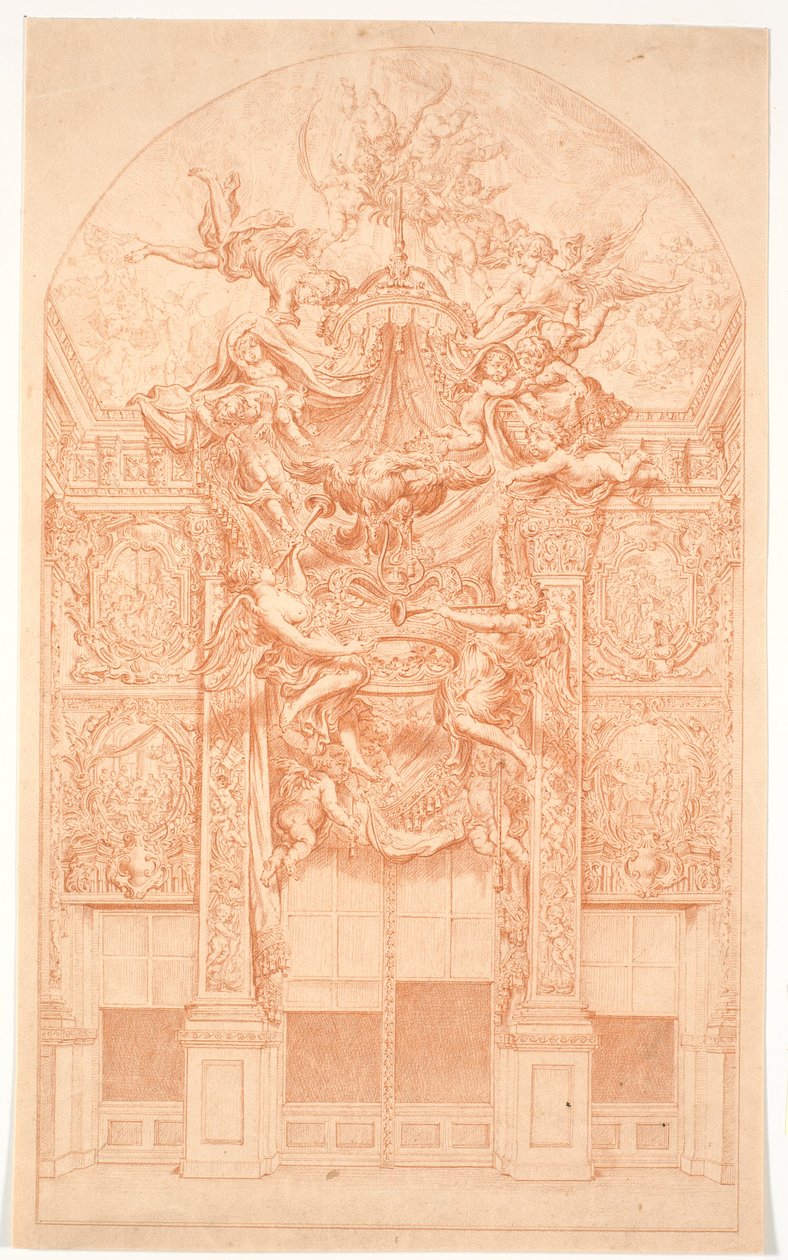 Decoratieontwerp met genieën die een kroon en een troonhemel dragen door Marcus Tuscher
