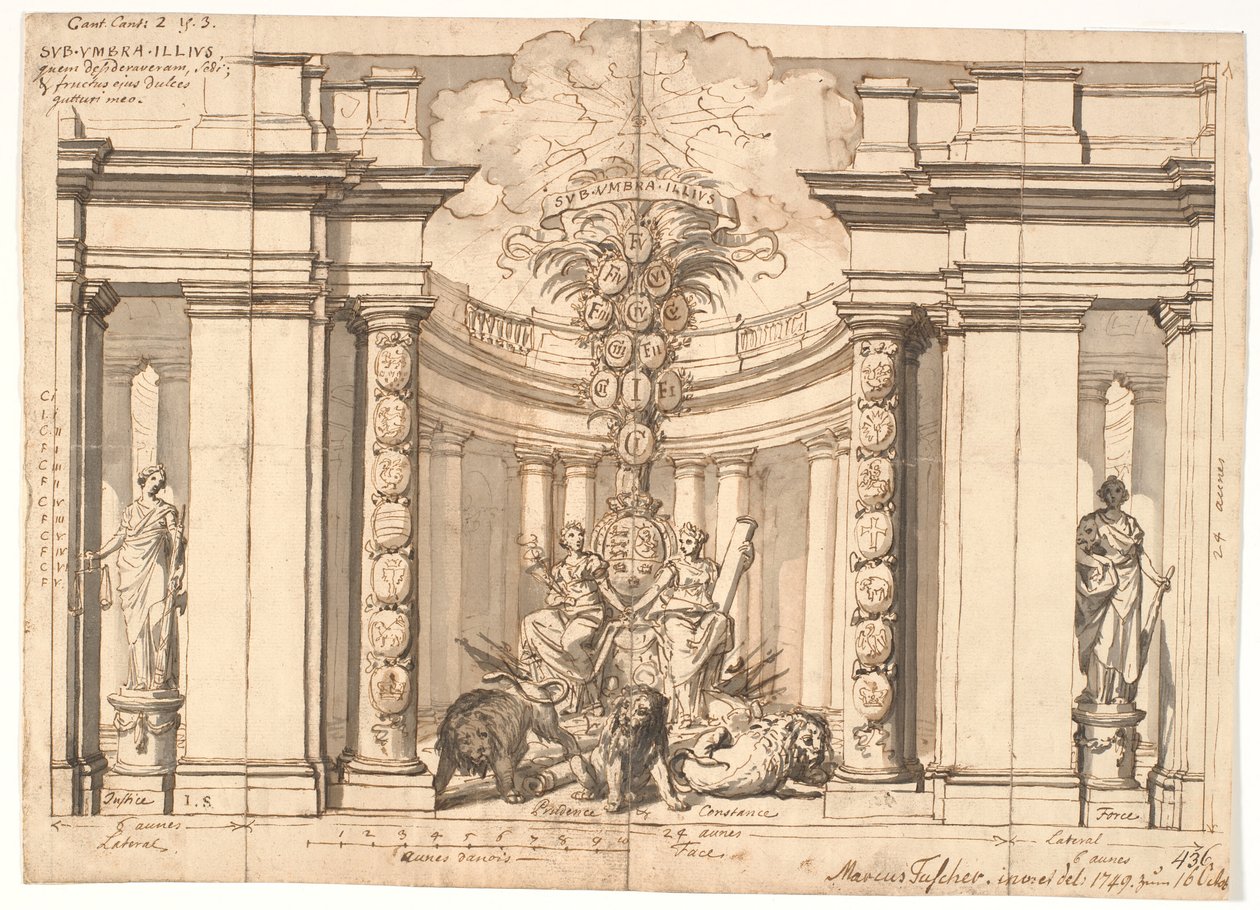 Het interieur van een tempel met het Deense wapen en de stamboom van de Oldenburgse koningen door Marcus Tuscher