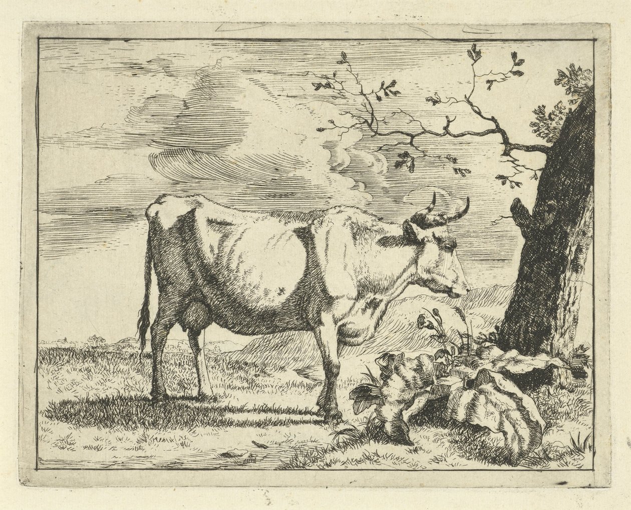 Staande koe bij boom Runderen en varkens (series title) door Marcus de Bye